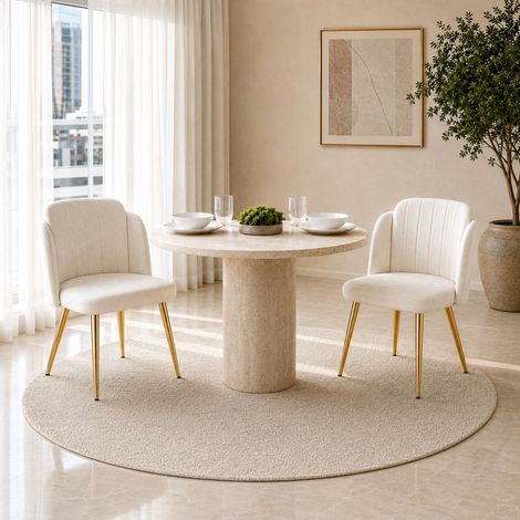 Sedia da pranzo set di 2 - 58.5 x 62 x 78 cm - imbottita con schienale curvo e gambe in metallo dorato regolabili - stile moderno - tessuto poliestere - bianco (1/5)