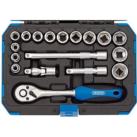 Draper Set di chiavi a bussola metriche da 18 pezzi, con cricchetto e custodia, attacco quadrato da 3/8", kit fai da te professionale e auto (1/4)
