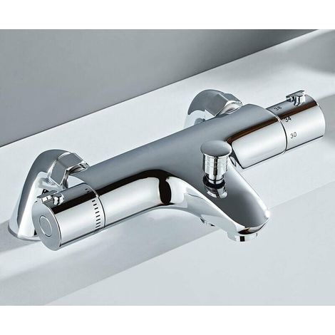 Mitigeur de baignoire thermostatique en laiton, finition chromée, avec contrôle de la température, idéal pour baignoire et douche. (1/4)