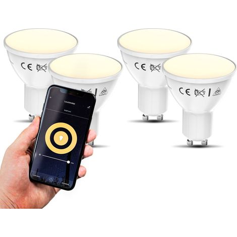 Lampadine LED smart GU10, set di 4, dimmerabili con lo smartphone, luce calda 2700K, funzionano con App per iOS e Android, Amazon Alexa, Google Home, lampadina Wi-Fi 5.5W 350Lm, attacco GU10
