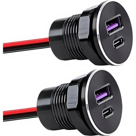 Prise USB 12V Voiture, Prise Double USB, Chargeur Allume-Cigare USB-C PD3.0 30W & QC3.0 18W en Aluminium pour Camping-Car, Bateau, Camion, – Conception Encastrable 22mm (Lot de 2) (1/5)