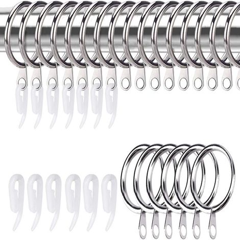 Lot de 25 anneaux de rideaux en métal argenté et crochets en plastique Diamètre intérieur 30 mm pour suspendre rideaux, douches, portes, fenêtres et tringles à rideaux (1/5)