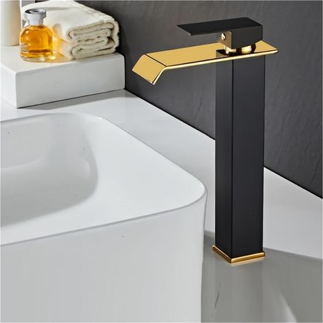 Mitigeur lavabo cascade doré pour évier noir, robinet cuisine et salle de bain moderne, mélangeur élégant eau chaude froide (1/4)