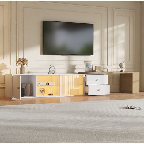 Meuble TV extensible avec LED RGB, 175x40x35,5 cm, 2 tiroirs et portes coulissantes en verre, blanc et naturel (1/5)