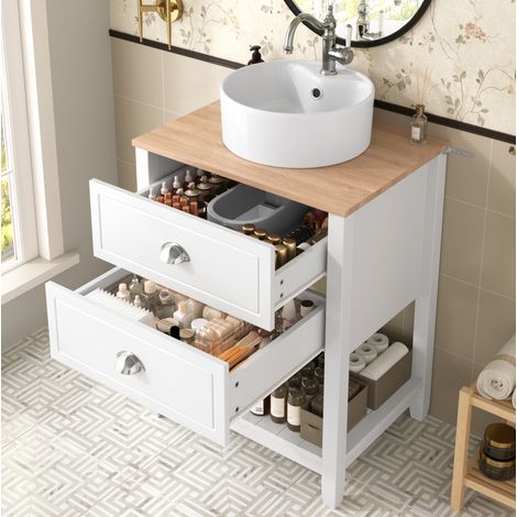 Mobile lavabo bagno con lavabo rotondo in ceramica, 2 cassetti e vano aperto OKWISH (1/5)