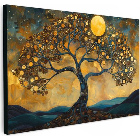 TABLEAU SUR TOILE Arbre - Lune - Fleurs - Or - Art Toile Peinture Grand Format XXL 150x100 cm