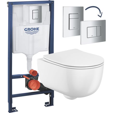 Gloss White Rimless Wall Hung Toilet with Grohe Rapid 1.13m Concealed Cistern Frame Set