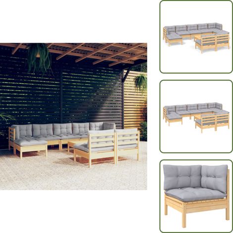 10-tlg. Garten-Lounge-Set mit Grauen Kissen Kiefernholz - Gartensessel - Lounge Set - Gartenmöbel - Outdoor Möbel - Rattan Sessel (1/5)
