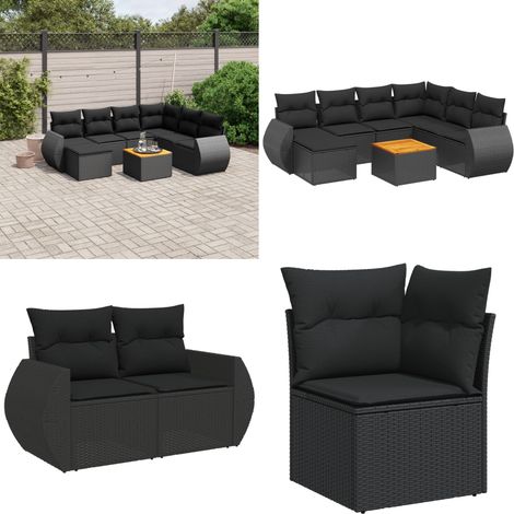 Salon de jardin 8 pcs avec coussins noir résine tressée - Salon De Jardin - Meuble Extérieur - Résine Tressée - Rotin Synthétique - Acacia - Home & Living (1/5)