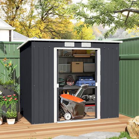 Casetta da giardino esterna 2,4 m² 213x130x172 cm con porta scorrevole, tetto inclinato, base senza pavimento e finestre, grigia