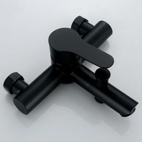 Robinet de douche/baignoire mural en acier inoxydable noir avec pommeau de douche intégré. (1/5)