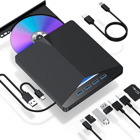 Lecteur DVD Externe 7 en 1, Graveur USB 3.0 Type-C, Lecteur CD/DVD, Hub USB, Lecteur SD (1/5)