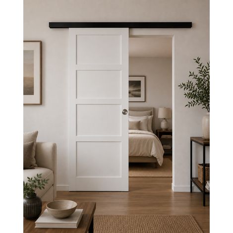 Puerta corredera Tamera blanca de 4 paneles H204 x L63 cm, riel de aluminio con banda negra, conchas Gd Menuiseries (1/5)