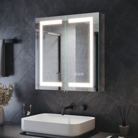 ELEGANT Double Door Bathroom Mirror Cabinet LED Illumiated Stainless Steel Cupboard 3 Lighting Modes + Demister Pad + Shaver Socket 630 x 650mm Smart Bathroom Cabinet