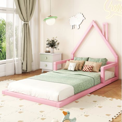 Lit enfant 90/200 cm rose en pin et MDF forme maison (1/5)