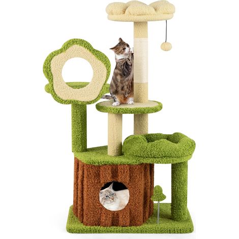 COSTWAY Albero per Gatti, Albero Tiragraffi per Gatto con Condominio Tronco, Trespolo a Fiore, Letto Morbido, Pompon, Giocattolo a Molla e Piattaforme, Tiragrafffi per Gatti da Interno (1/5)