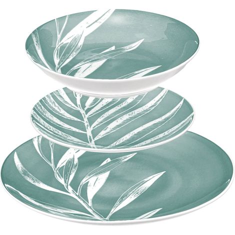 Vaisselle en porcelaine pour 6 personnes, motif feuille, 18 pièces