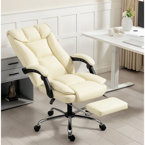 Sedia da ufficio ergonomica in similpelle beige, schienale reclinabile 155°, poggiapiedi, girevole, 66 x 72 x 113-121 cm (1/5)