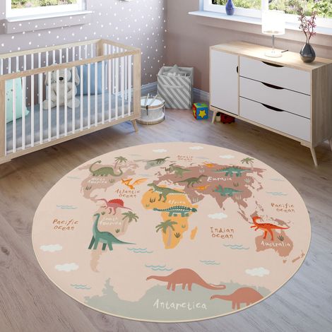 Paco Home Kinder-Teppiche, Kurzflor-Teppiche für Kinderzimmer mit vers. Designs Spielteppiche Bunt 200 cm Rund, Beige 2