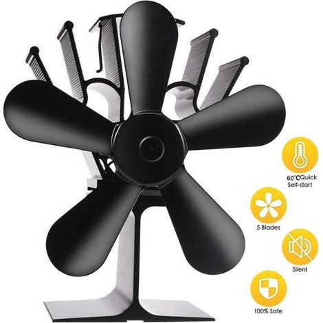 Ventilateur Poêle à Bois - 5 Pales - Silencieux - Alimenté par la Chaleur - Noir (1/4)