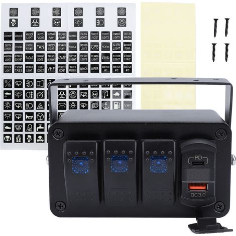 Ortviai Tableau de commande à bascule 3 voies 12-24 V avec chargeur USB PD et QC3.0 + voltmètre LED bleu (1/5)