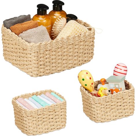 Relaxdays Aufbewahrungskorb geflochten, 3er Set, 2 Größen, Badkorb, Schrank & Regal, Papierseil, Dekokörbe, hellbraun