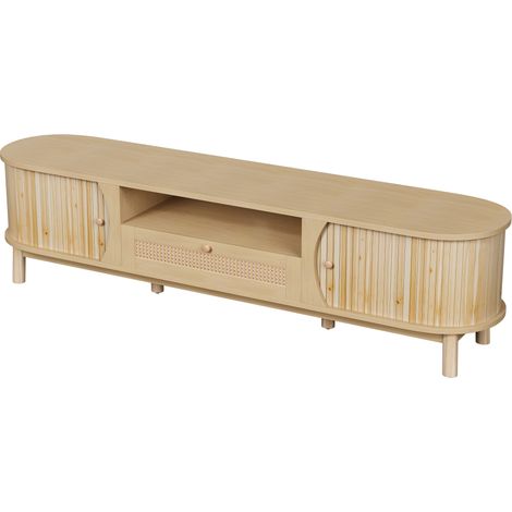 TV-Möbel aus MDF in Naturfarbe mit Rattandetails und Schiebetüren (1/5)