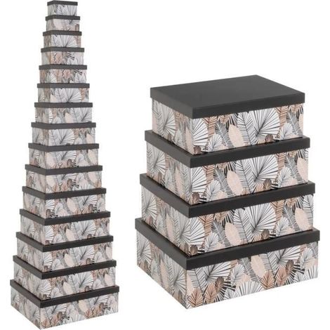 Boîte de rangement - JUANIO - Lot 15 - Empilables - Imprimé plumes - Carton‑tissu double épaisseur (1/4)