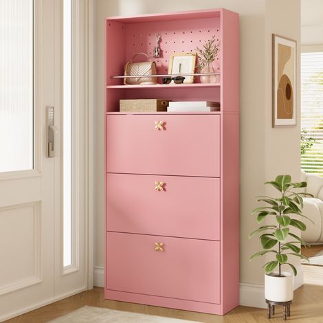 Mueble zapatero estrecho de 3 abatibles, 2 nichos, 80 x 24 x 178,5 cm, rosa HAVRYA (1/5)