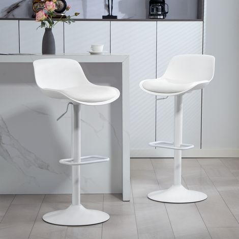 Lot de 2 tabourets de bar réglables en faux cuir, dossier et repose-pieds, large base acier pivotante 360°, chaises blanches