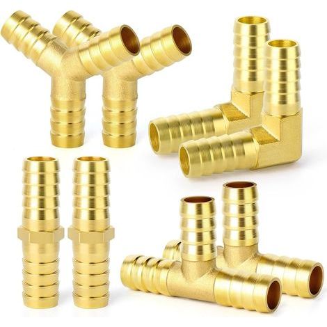 8-teiliges Set aus 10-mm-Messing-Schlauchanschlüssen, 90°-Winkelstück, Y-förmiger Luftschlauchanschluss, T-Schlauchanschluss, Kraftstoff/Luft/Wasser/Öl/Gas/WOG (1/5)