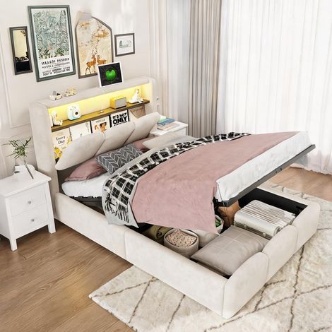 Cadre de lit beige en upholstered 224 x 97 x 109,5 cm (1/5)