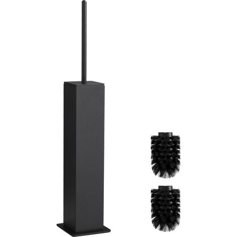 Brosse WC noire en métal avec 2 têtes de brosse - Design fin - Rectangulaire - Pour la salle de bain (1/5)