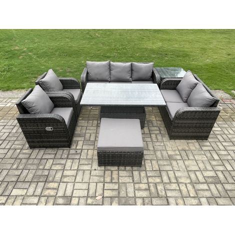 Fimous Rattan Outdoor Garden Furniture Sets Height Adjustable Rising lifting Dining Table Reclining Chair Sofa Set with Side Table Big Footstool Dark Grey Mixed