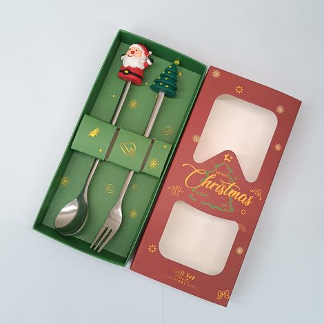 Coffret cadeau cuillère et fourchette en acier inoxydable sur le thème de Noël (argenté, ensemble de 2 pièces : Père Noël et sapin rond) (1/4)