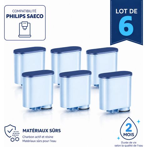 Filtre à eau compatible Philips AquaClean CA6903 – Réduit le calcaire – Charbon actif & résine échangeuse d’ions – Lot de 6