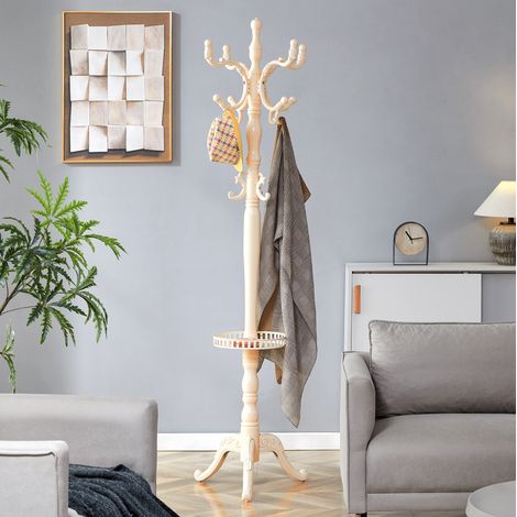 Perchero independiente de 195 cm con múltiples ganchos, ideal para recibidor y dormitorio, de madera blanca. (1/5)