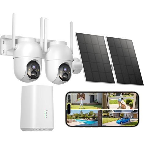 2K Wireless Solar Outdoor WiFi Surveillance Camera, Kit 2 Cameras with Base, 32GB Local Storage, No Subscription, 360° Panoramic, Alert, Night Vision in Colour, 2.4/5 GHz WiFi (1/5)