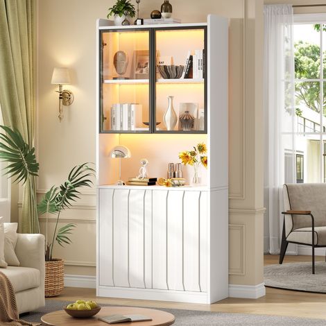 Vetrina a LED 80x35x200cm, mobile alto con ante in vetro, vetrina alta in vetro con LED e divisorio aperto, mobile per soggiorno con ante in vetro, cucina, studio, ingresso, bianco (1/5)