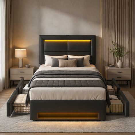 Cama tapizada de PU negra 90x190 cm con LED, carga USB e inalámbrica, 4 cajones y somier de láminas (1/5)