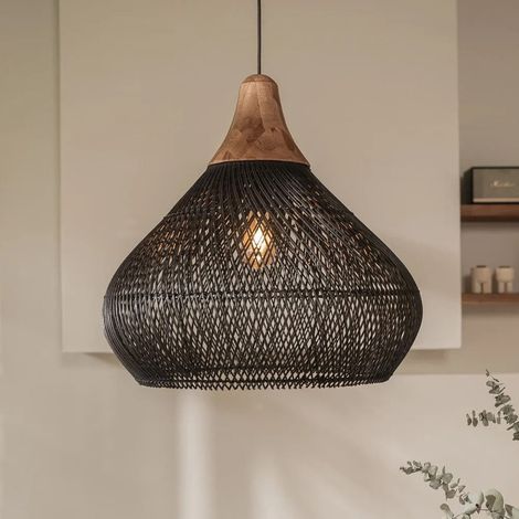 Suspension bohème en rotin noir 40 cm – Luminaire vintage E27 pour salon, salle à manger, restaurant ou loft, sans ampoule (1/5)