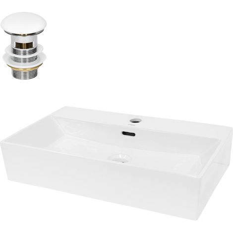 ECD Germany Lavabo da Appoggio con Set di Scarico 605 x 365 x 130 mm Ceramica Bianca Rettangolare Lavandino con Troppopieno con Fori di Dimensioni Standard Lavamano da Bagno con Piletta (1/5)
