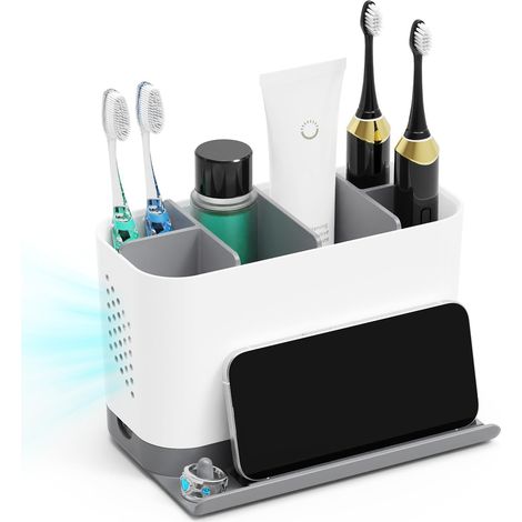 Support pour brosses à dents avec ouverture pour câble, réglable, 6 compartiments pour brosses à dents et dentifrice, organisateur de salle de bain amovible pour le plan de travail avec rangement (1/5)