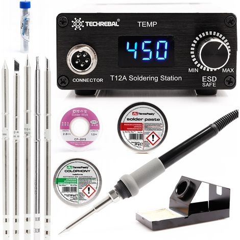 Stazione saldante TECHREBAL T12A 75W + punte (t12-dl32, t12-cf4, t12-k, t12-b) + (stagno + pasta saldante + colofonia + treccia da 2 mm)