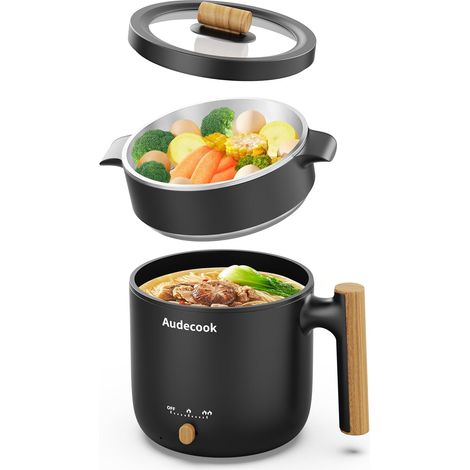 Hot Pot électrique avec Cuiseur à Vapeur, 1.5L Portable PoêLe Multifonction, Pour Nouilles/PâTes/œUfs/Soupe/Steak (Noir 1.8L) (1/5)