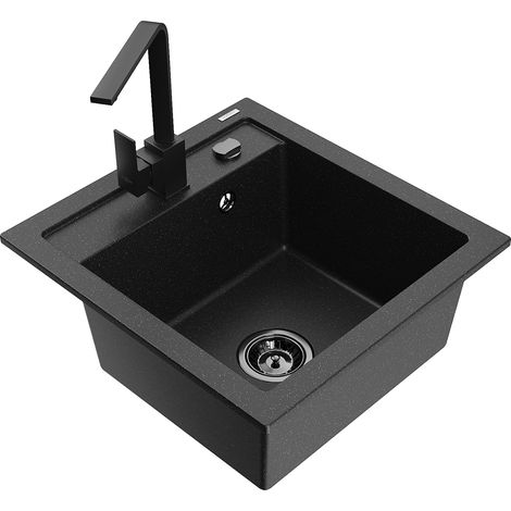 Mexen Vito 1-Becken-Granit-Spüle mit Mischbatterie Rita, Schwarz/Silbermetallic - 6503-73-670300-70-