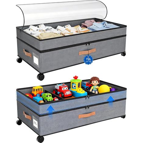 Lot de 2 Rangement Sous Lit à Roulettes avec Couvercle-72L Boite Rangement Sous Lit Pliable pour Vêtements, Couettes et Chaussures-Tiroir Sous Lit Métallique Robuste avec Fenêtre Transparente (1/5)
