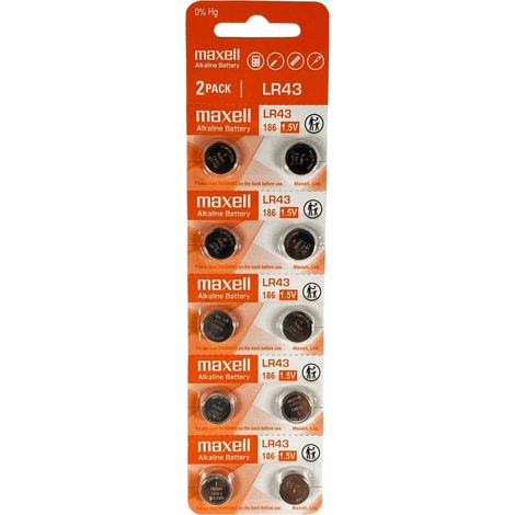 Maxell Pack de 10 Pilas Alcalinas de Boton LR43 1.5V
Especificaciones:
-Tipo de batería: LR43 Alcalina
-Voltaje de la pila: 1.5V