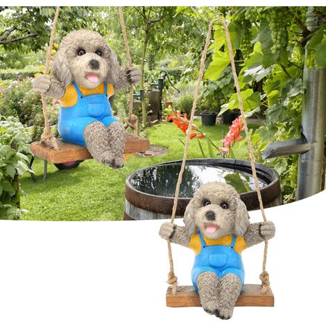 [Estatua de jardín] Escultura colgante de perro de peluche con columpio, hecha de resina, color gris. (1/5)