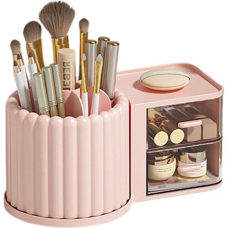 [Boîte de rangement pour maquillage][Andore][Rotating Pink] Étagère rotative pour organisateur de cosmétiques brush, rouge à lèvres, fard à paupières et puff (1/4)